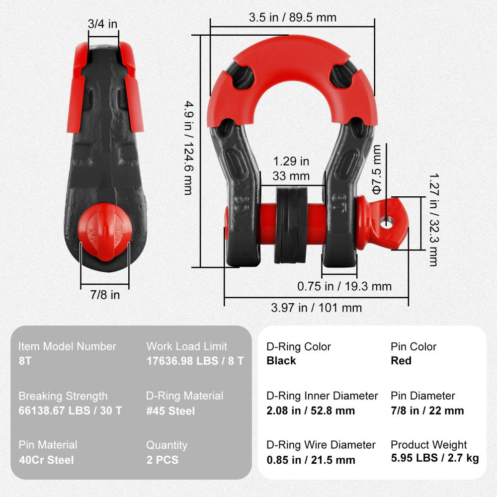 VEVOR 3/4" D-Ring Shackle, 2 Pack Alloy Steel Shackles 66139 lbs (30 Ton) Break Strength with 7/8" Screw Pin, Isolators & Washers, Heavy Duty Off Road Vehicle Recovery Shackle for Jeep Truck, Black