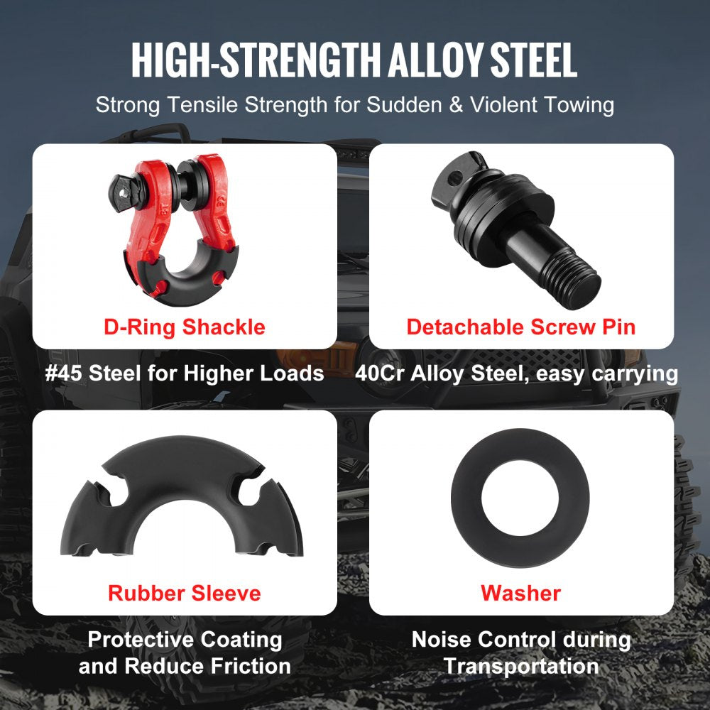 VEVOR 3/4" D-Ring Shackle, 2 Pack Alloy Steel Shackles 66139 lbs (30 Ton) Break Strength with 7/8" Screw Pin, Isolators & Washers, Heavy Duty Off Road Vehicle Recovery Shackle for Jeep Truck, Red