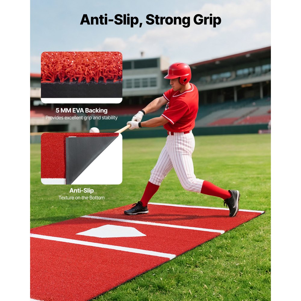 VEVOR Baseball Hitting Mat, 10x3.8 ft Batting Cage Mat, Batters Box Turf Mats, Softball Batting Practice Equipment with Home Plate and Anti Fade Turf, Portable Training Aid for Indoor Outdoor, Red