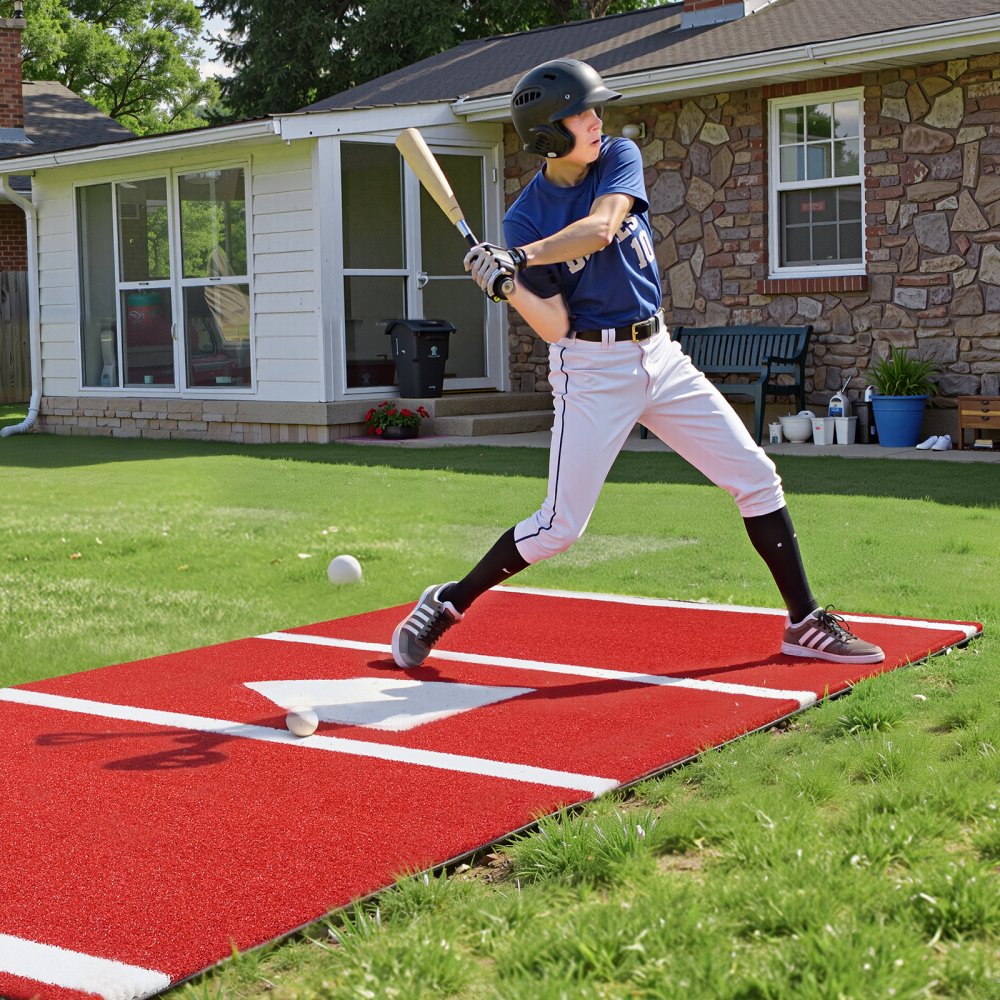 VEVOR Baseball Hitting Mat, 10x3.8 ft Batting Cage Mat, Batters Box Turf Mats, Softball Batting Practice Equipment with Home Plate and Anti Fade Turf, Portable Training Aid for Indoor Outdoor, Red