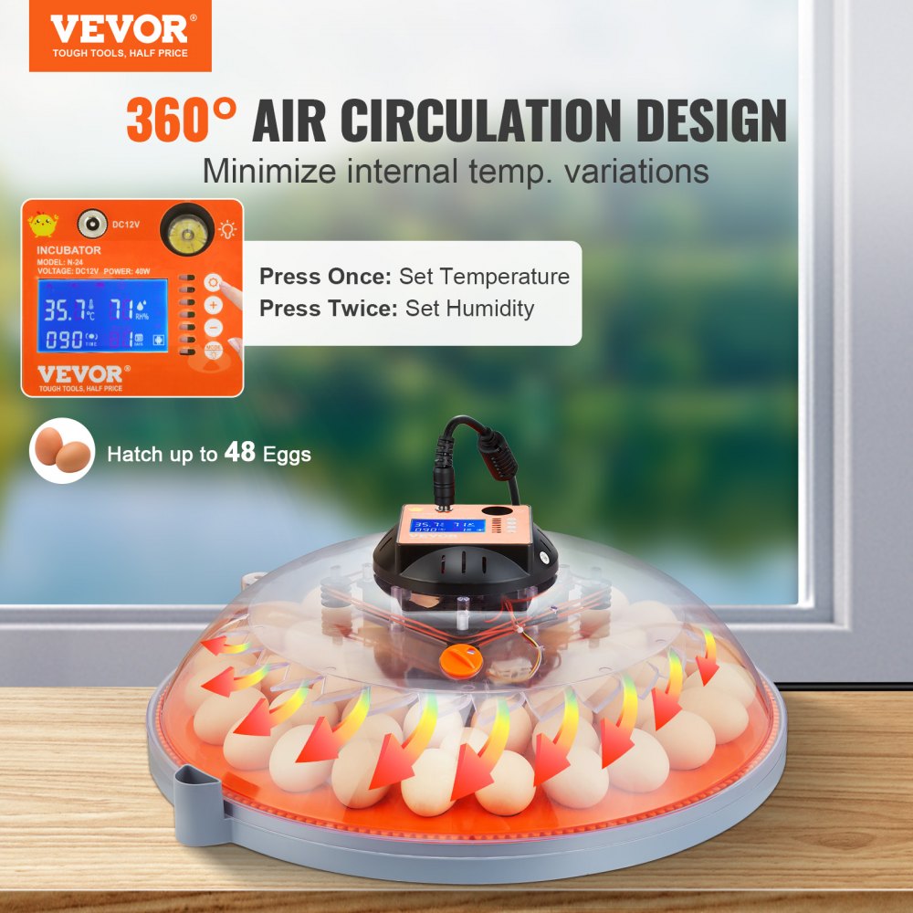 VEVOR 48 Egg Incubator, Incubators for Hatching Eggs, 360° Automatic Egg Turner with Temperature and Humidity Display, 48 Eggs Poultry Hatcher with ABS Transparent Shell for Chicken, Duck, Quail