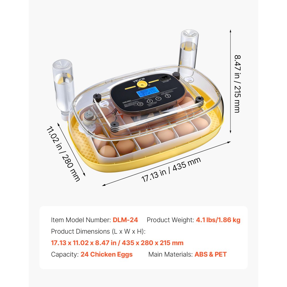 VEVOR 24 Egg Incubator, Automatic Egg Turner with LED Candler, Temperature & Humidity Control, 360° View Clear Window, Auto Water Refill, Poultry Eggs Incubators for Hatching Chicks Ducks Goose Quail
