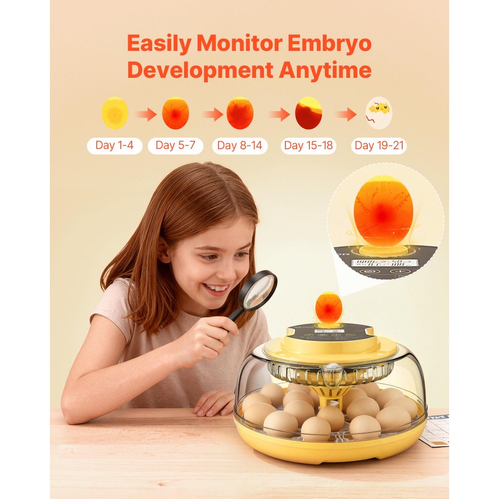 VEVOR 18 Egg Incubator, Automatic Egg Turner with LED Candler, Temperature & Humidity Control, 360° View Clear Window, Auto Water Refill, Poultry Eggs Incubators for Hatching Chicks Ducks Goose Quail