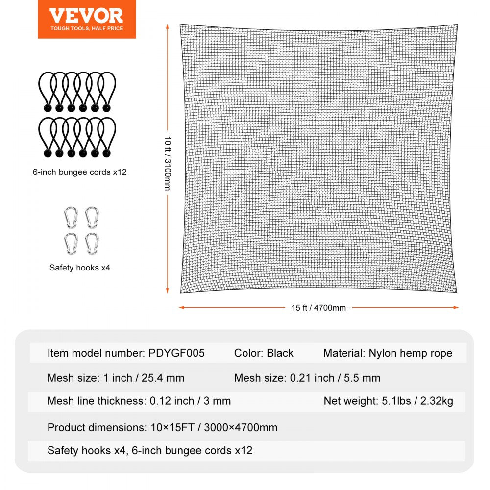 VEVOR Golf Net, 10x15ft Golf Practice Net, Indoor Hitting Net for Golf, Baseball, Hockey, Soccer, Heavy Duty Nylon DIY Ball Net, Sports Netting Barrier for Backyard Driving Training Swing (Net Only)