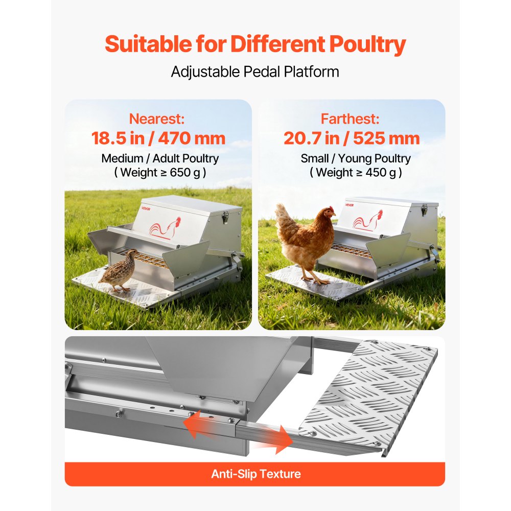 VEVOR Automatic Chicken Feeder, 25 lbs Capacity, Rainproof Treadle Poultry Feeder with Lockable Lid, No Waste, Galvanized Steel Construction, Outdoor Use, for Chicken, Bantams, Poultry, Pheasants