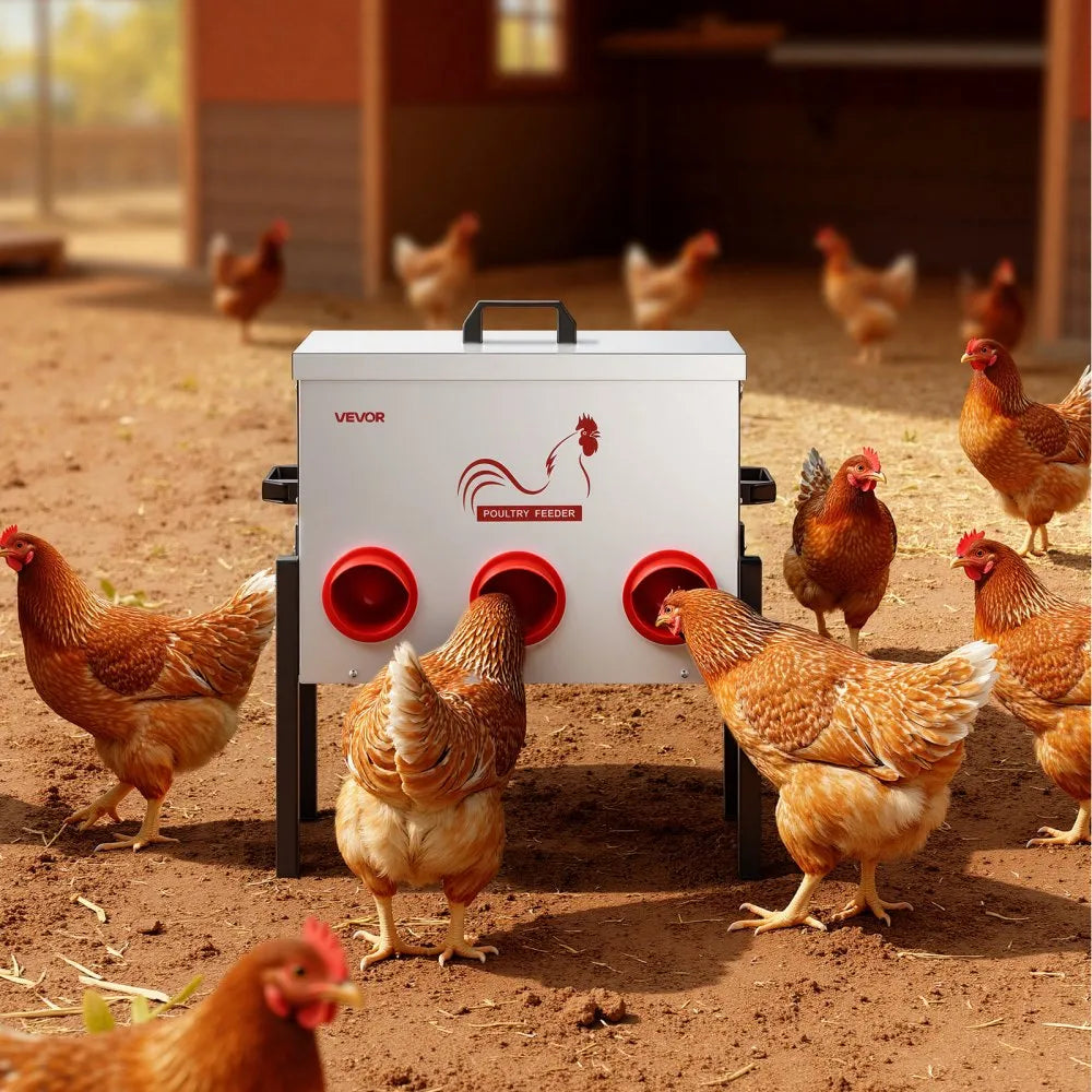 VEVOR Automatic Chicken Feeder, 30 lbs Capacity, 6 Feeding Ports No-Waste Poultry Feeder, Automatic Gravity, with Adjustable Height & Locking Lid, Metal Construction, for Chickens Bantams Pheasants