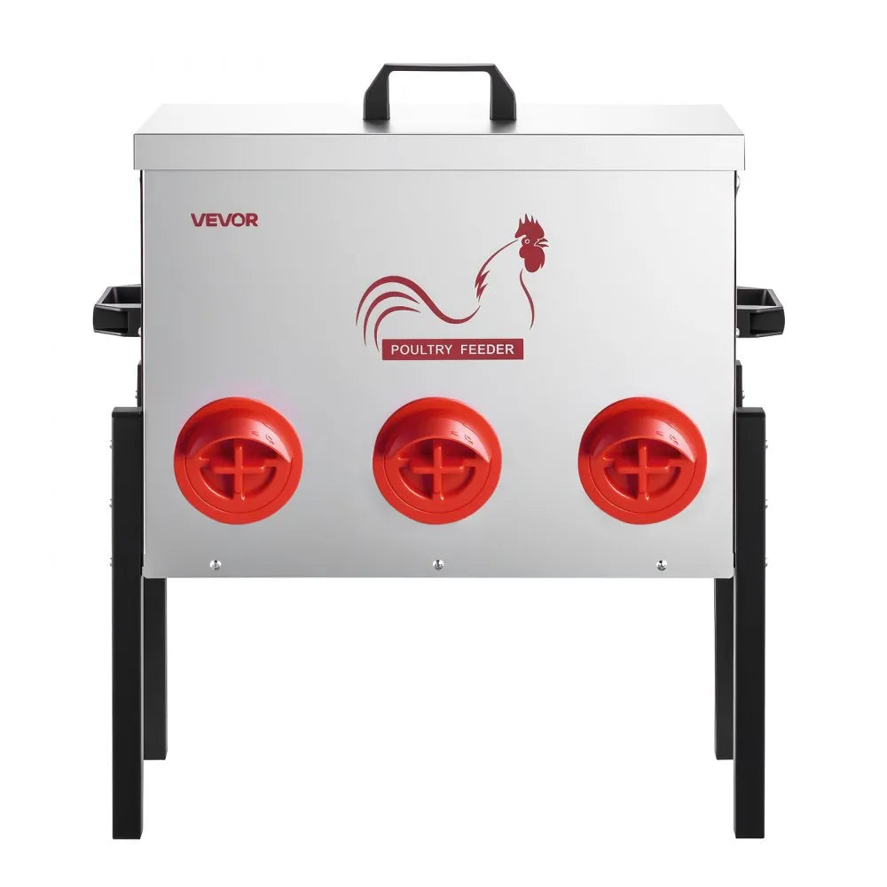 VEVOR Automatic Chicken Feeder, 30 lbs Capacity, 6 Feeding Ports No-Waste Poultry Feeder, Automatic Gravity, with Adjustable Height & Locking Lid, Metal Construction, for Chickens Bantams Pheasants