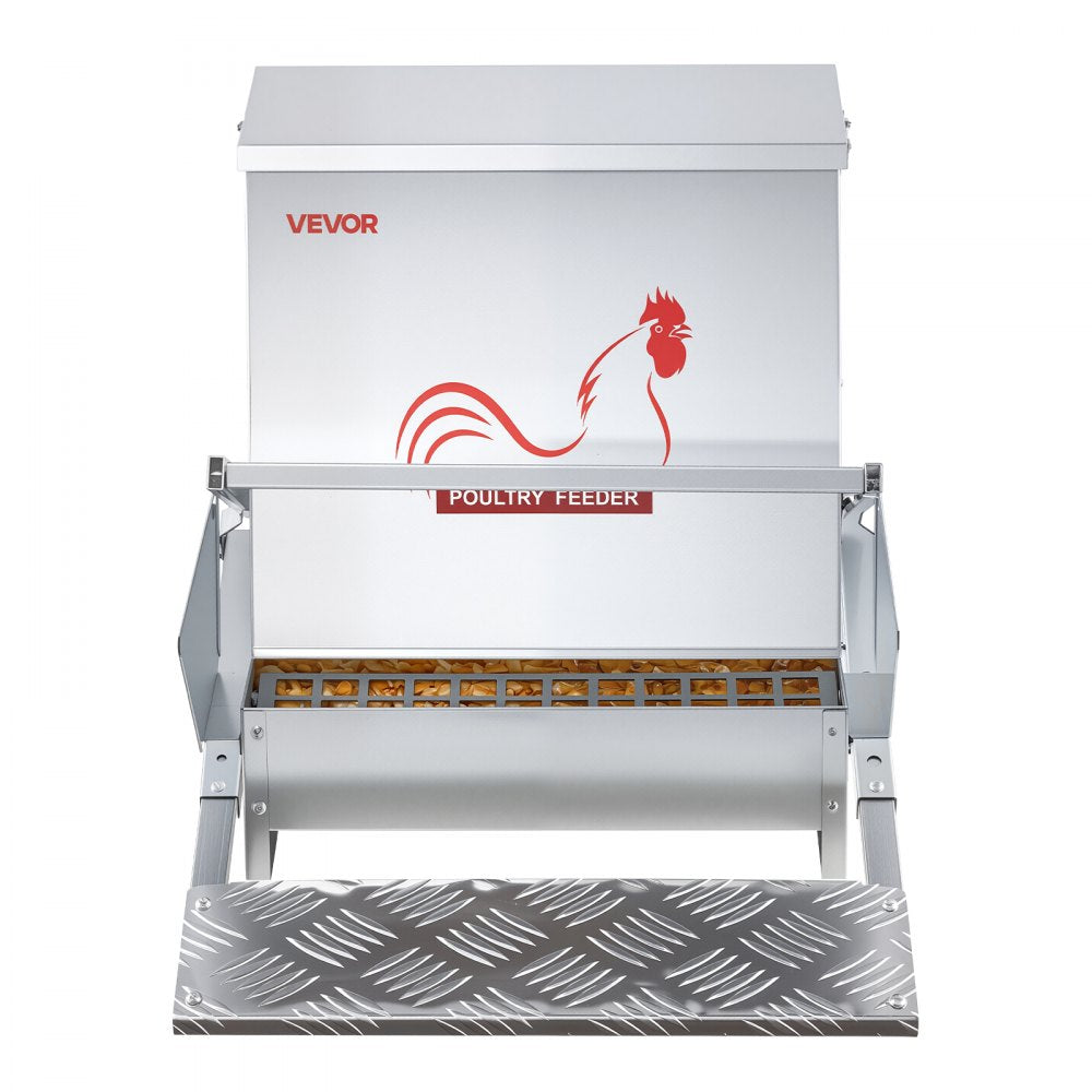VEVOR Automatic Chicken Feeder, 40 lbs Capacity, Rainproof Treadle Poultry Feeder with Lockable Lid, No Waste, Galvanized Steel Construction, Outdoor Use, for Chicken, Bantams, Poultry, Pheasants
