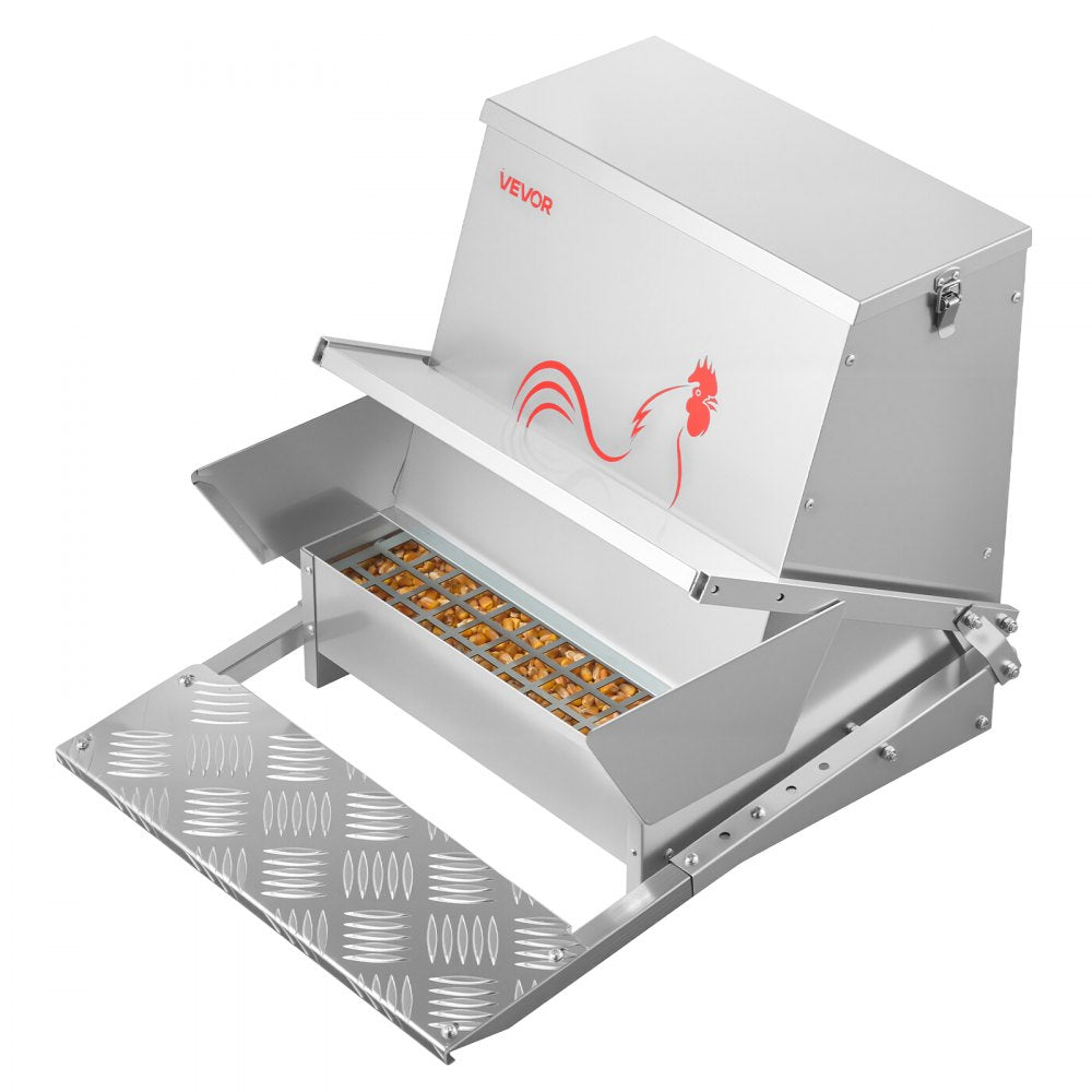 VEVOR Automatic Chicken Feeder, 40 lbs Capacity, Rainproof Treadle Poultry Feeder with Lockable Lid, No Waste, Galvanized Steel Construction, Outdoor Use, for Chicken, Bantams, Poultry, Pheasants