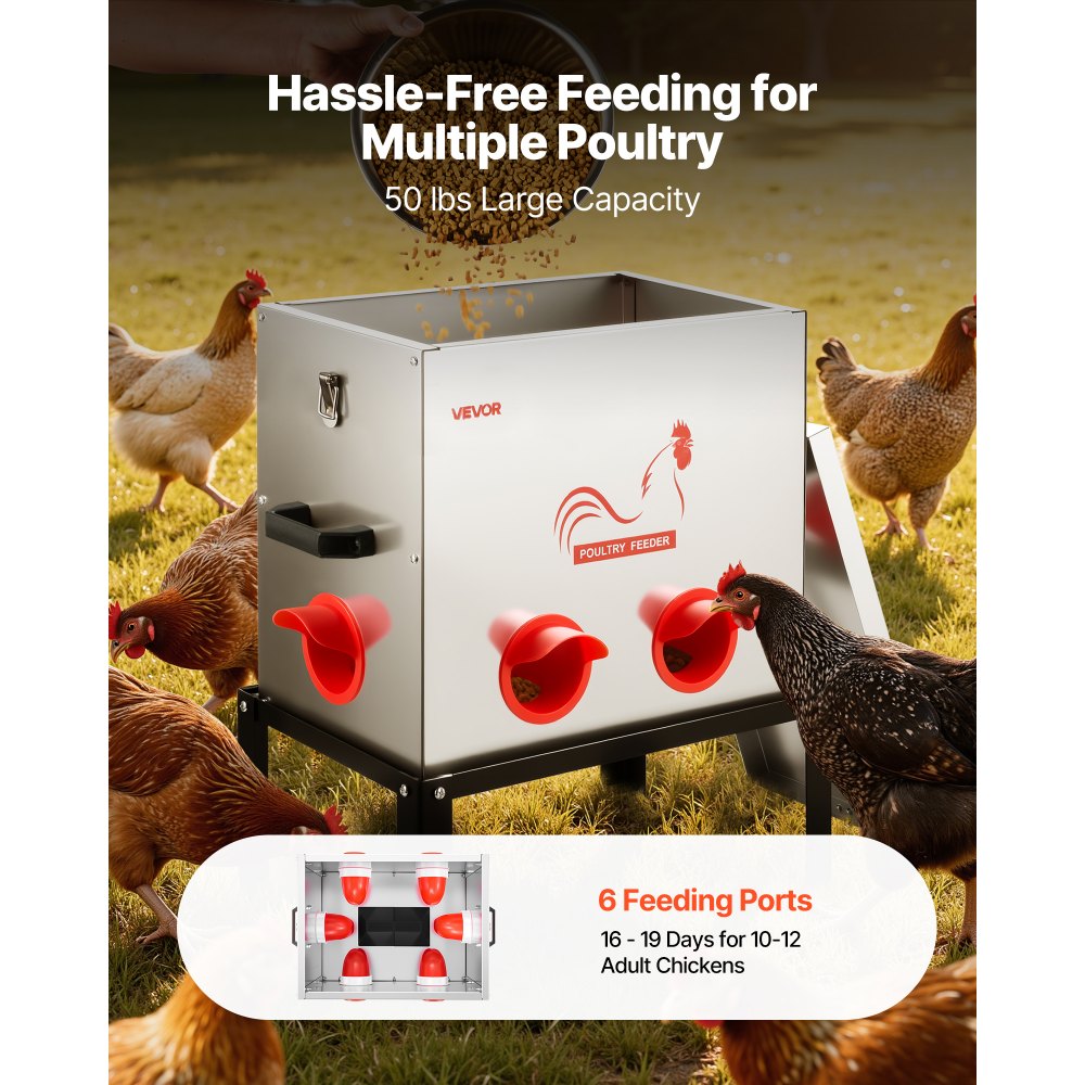 VEVOR Automatic Chicken Feeder, 50 lbs Capacity, 6 Feeding Ports No-Waste Poultry Feeder with Built-In Divider, with Latch & Handle, Metal Construction, for Chickens Bantams Pheasants Poultry Coop