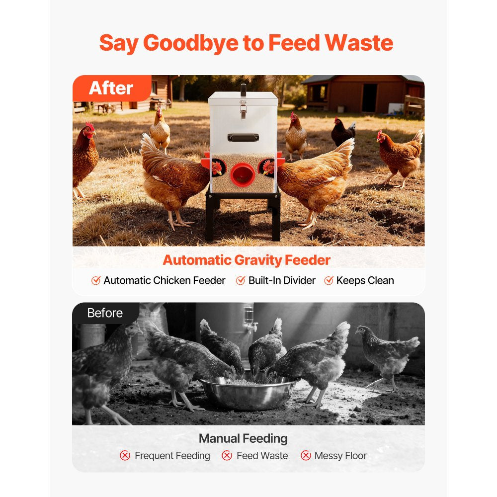 VEVOR Automatic Chicken Feeder, 50 lbs Capacity, 6 Feeding Ports No-Waste Poultry Feeder with Built-In Divider, with Latch & Handle, Metal Construction, for Chickens Bantams Pheasants Poultry Coop