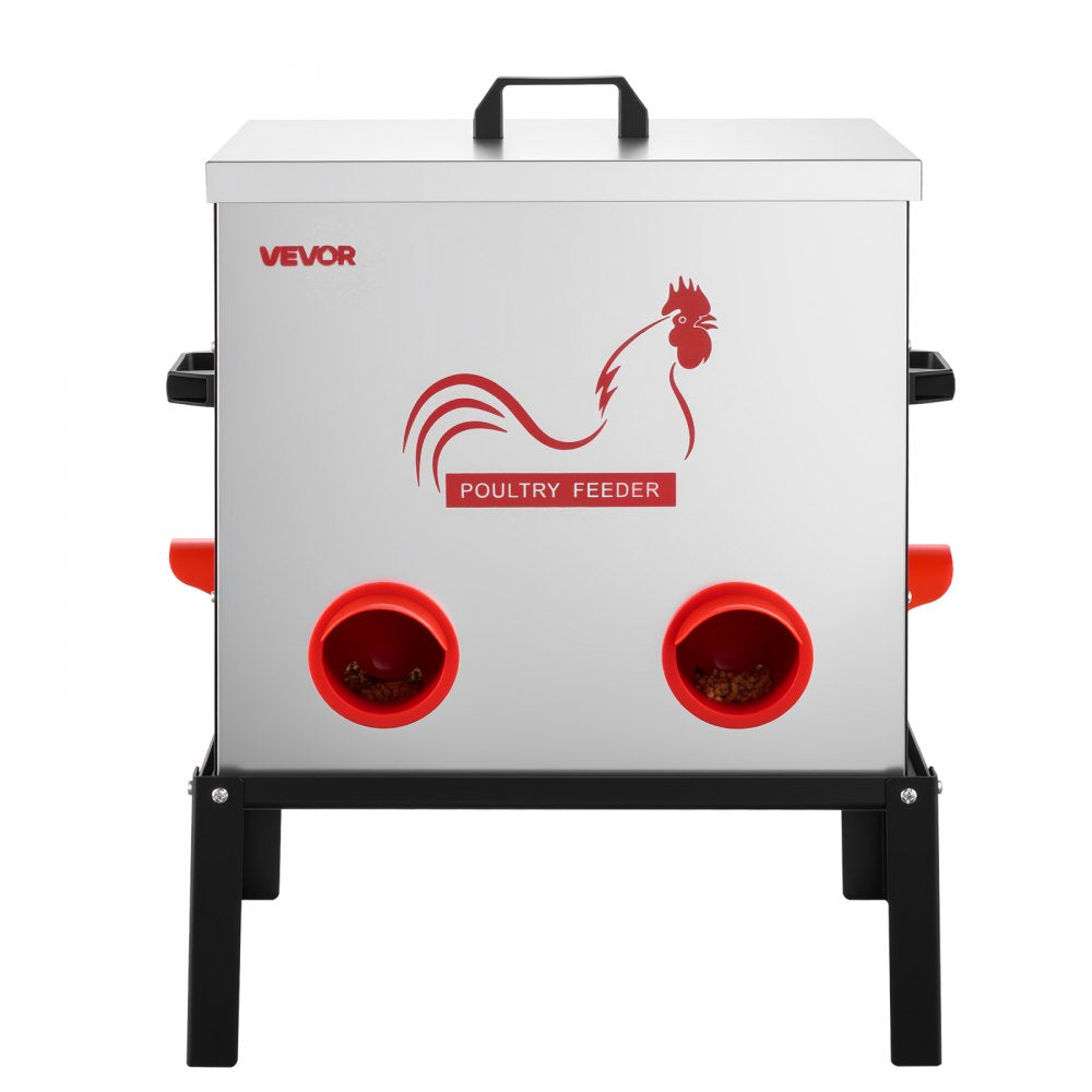 VEVOR Automatic Chicken Feeder, 50 lbs Capacity, 6 Feeding Ports No-Waste Poultry Feeder with Built-In Divider, with Latch & Handle, Metal Construction, for Chickens Bantams Pheasants Poultry Coop
