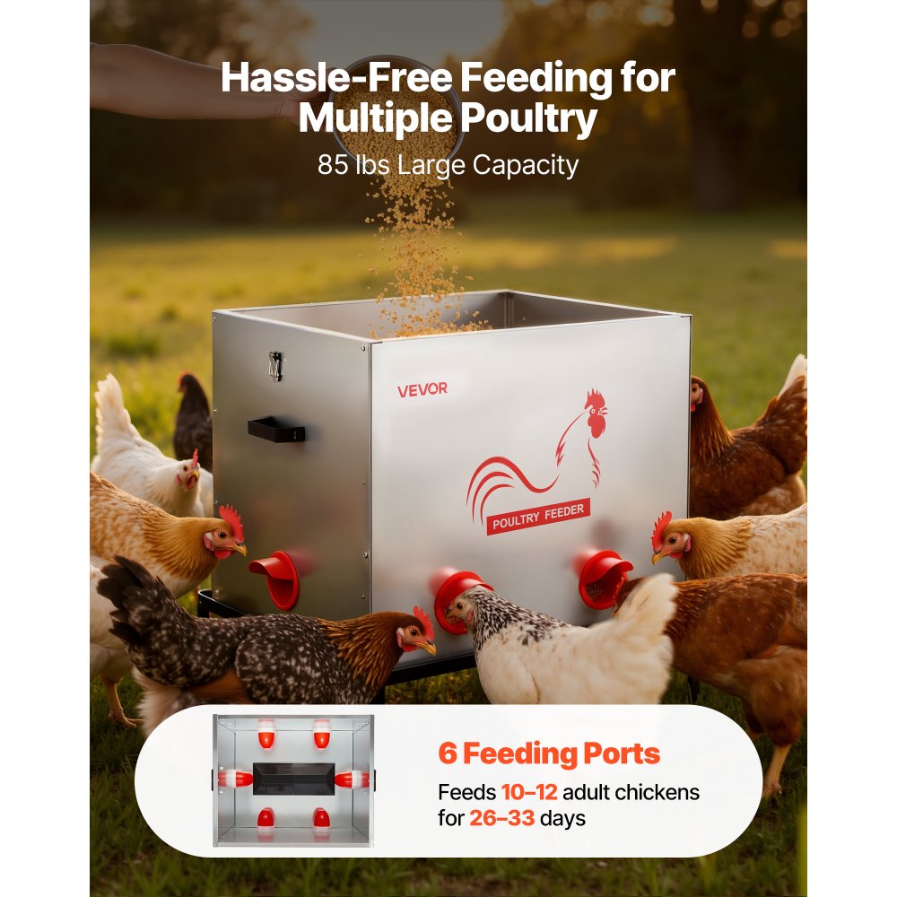 VEVOR Automatic Chicken Feeder, 85 lbs Capacity, 6 Feeding Ports No-Waste Poultry Feeder with Built-In Divider, with Latch & Handle, Metal Construction, for Chickens Bantams Pheasants Poultry Coop