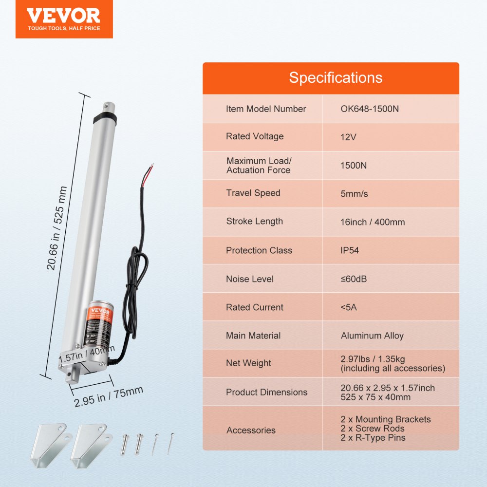 VEVOR Linear Actuator 12V, 16 Inch High Load 330lbs/1500N Linear Actuator, 0.19"/s Linear Motion Actuator with Mounting Bracket and IP54 Protection