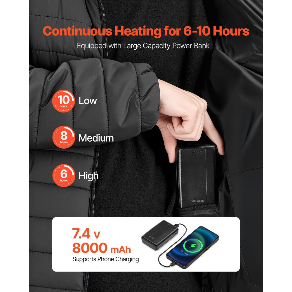 VEVOR Heated Jacket for Men with 7.4V Battery, Soft Shell Electric Heating Coat, Windproof Lightweight Outerwear with 6 Heating Zones & 3 Heat Settings for Hiking, Outdoor Work, Black, M Size