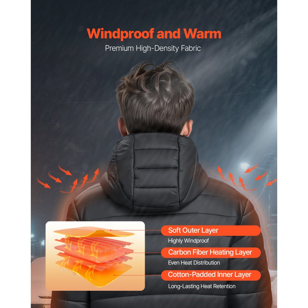 VEVOR Heated Jacket for Men with 7.4V Battery, Soft Shell Electric Heating Coat, Windproof Lightweight Outerwear with 6 Heating Zones & 3 Heat Settings for Hiking, Outdoor Work, Black, M Size