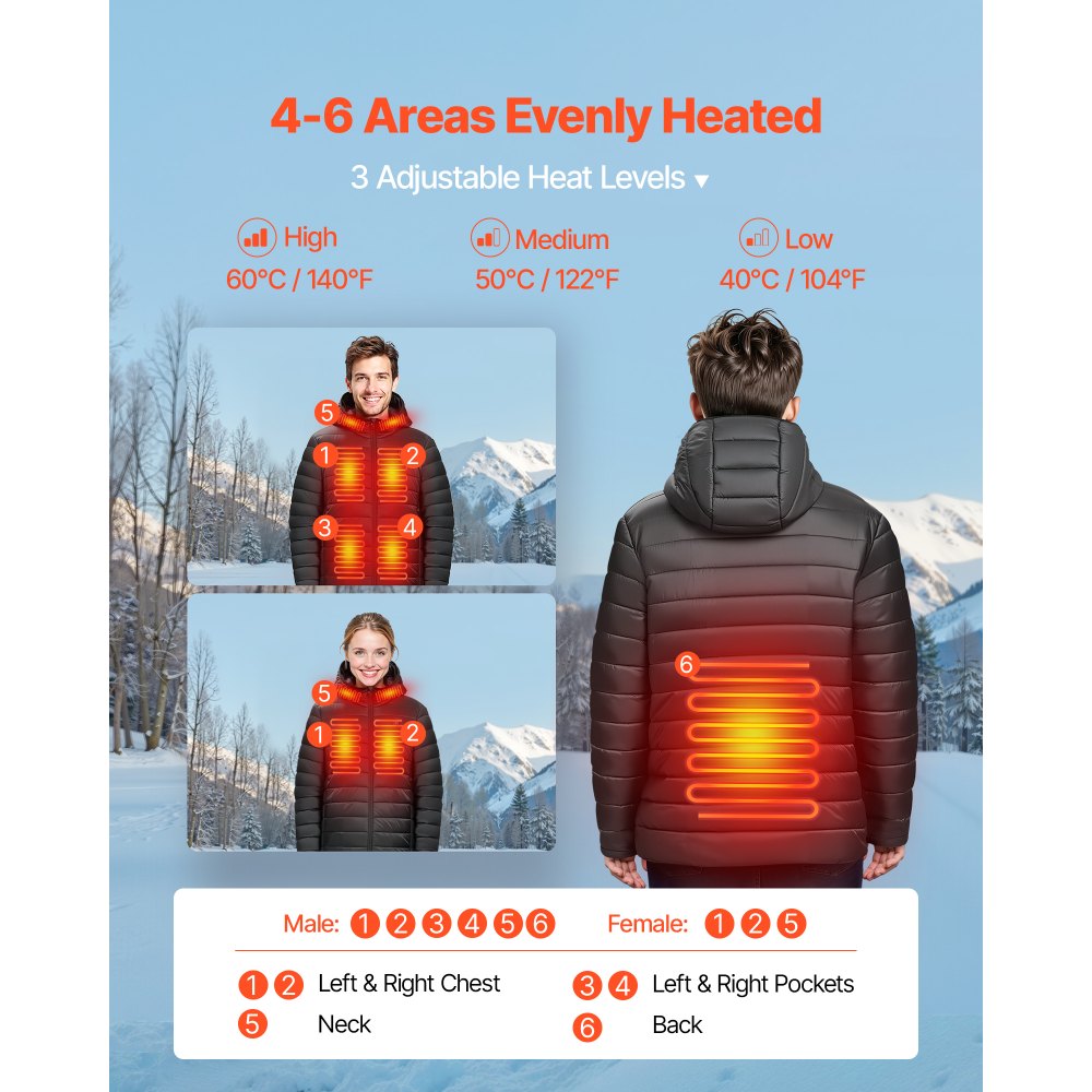 VEVOR Heated Jacket for Women with 7.4V Battery, Soft Shell Electric Heating Coat, Windproof Lightweight Outerwear with 4 Heating Zones & 3 Heat Settings, for Hiking, Outdoor Work, Black, M Size