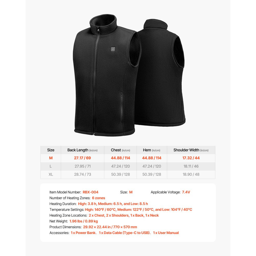 VEVOR Heated Vest, Men Electric Heating Vest with 16000 mAh Battery Pack, 6 Heating Zones Lightweight Rechargeable Winter-Vest with 3 Levels, for Outdoor Hiking Camping Fishing Skiing, Size M