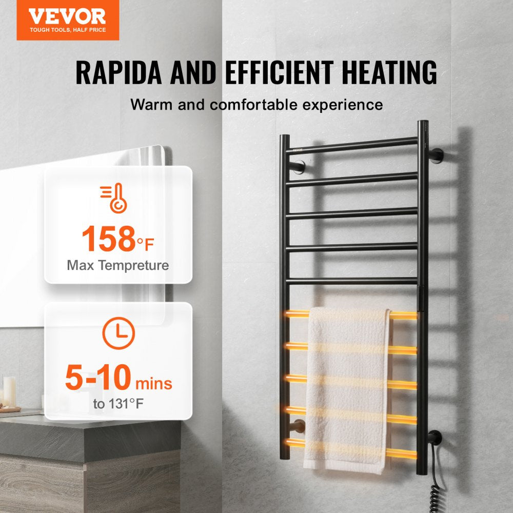 VEVOR 10 Bars Towel Warmer Rack, 120V Wall Mounted Heated Towel Rack for Bathroom, IPX5 Waterpoof Towel Heater Rack with Timer & LED Display Screen, 5 Levels Adjustable Temperature Towel Heater, Black