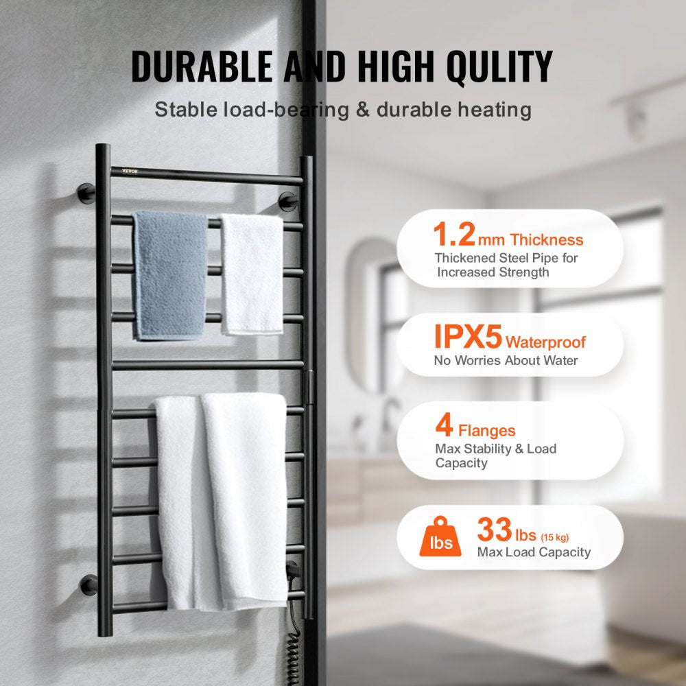 VEVOR 10 Bars Towel Warmer Rack, 120V Wall Mounted Heated Towel Rack for Bathroom, IPX5 Waterpoof Towel Heater Rack with Timer & LED Display Screen, 5 Levels Adjustable Temperature Towel Heater, Black