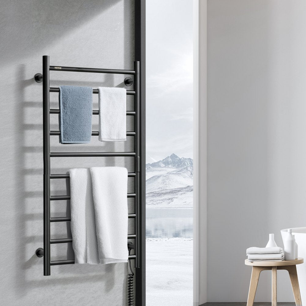 VEVOR 10 Bars Towel Warmer Rack, 120V Wall Mounted Heated Towel Rack for Bathroom, IPX5 Waterpoof Towel Heater Rack with Timer & LED Display Screen, 5 Levels Adjustable Temperature Towel Heater, Black
