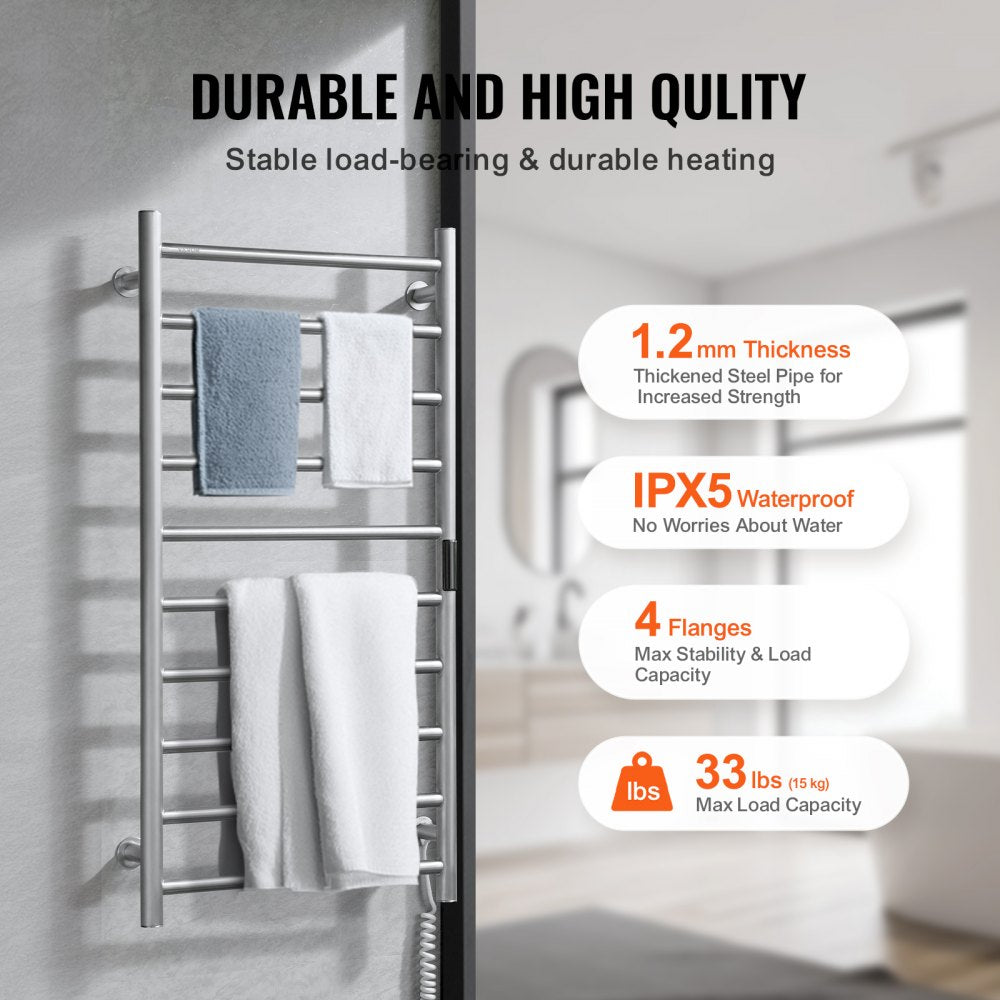 VEVOR 10 Bars Towel Warmer Rack, Wall Mounted Heated Towel Rack for Bathroom, IPX5 Waterpoof Towel Heater Rack with Timer & LED Display Screen, 5 Levels Adjustable Temperature Towel Heater, Silver