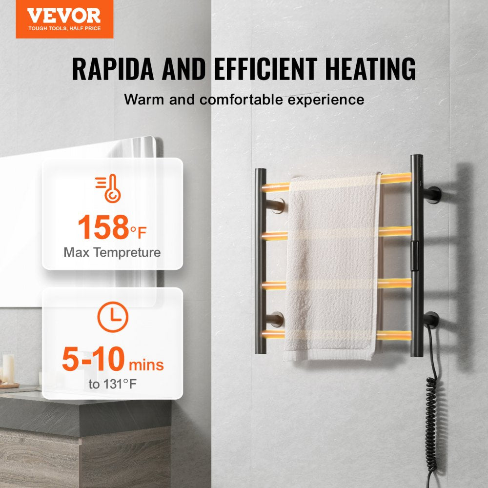VEVOR 4 Bars Towel Warmer Rack, Wall Mounted Heated Towel Rack for Bathroom, IPX5 Waterpoof Towel Heater Rack with Timer & LED Display Screen, 5 Levels Adjustable Temperature Towel Heater, Black