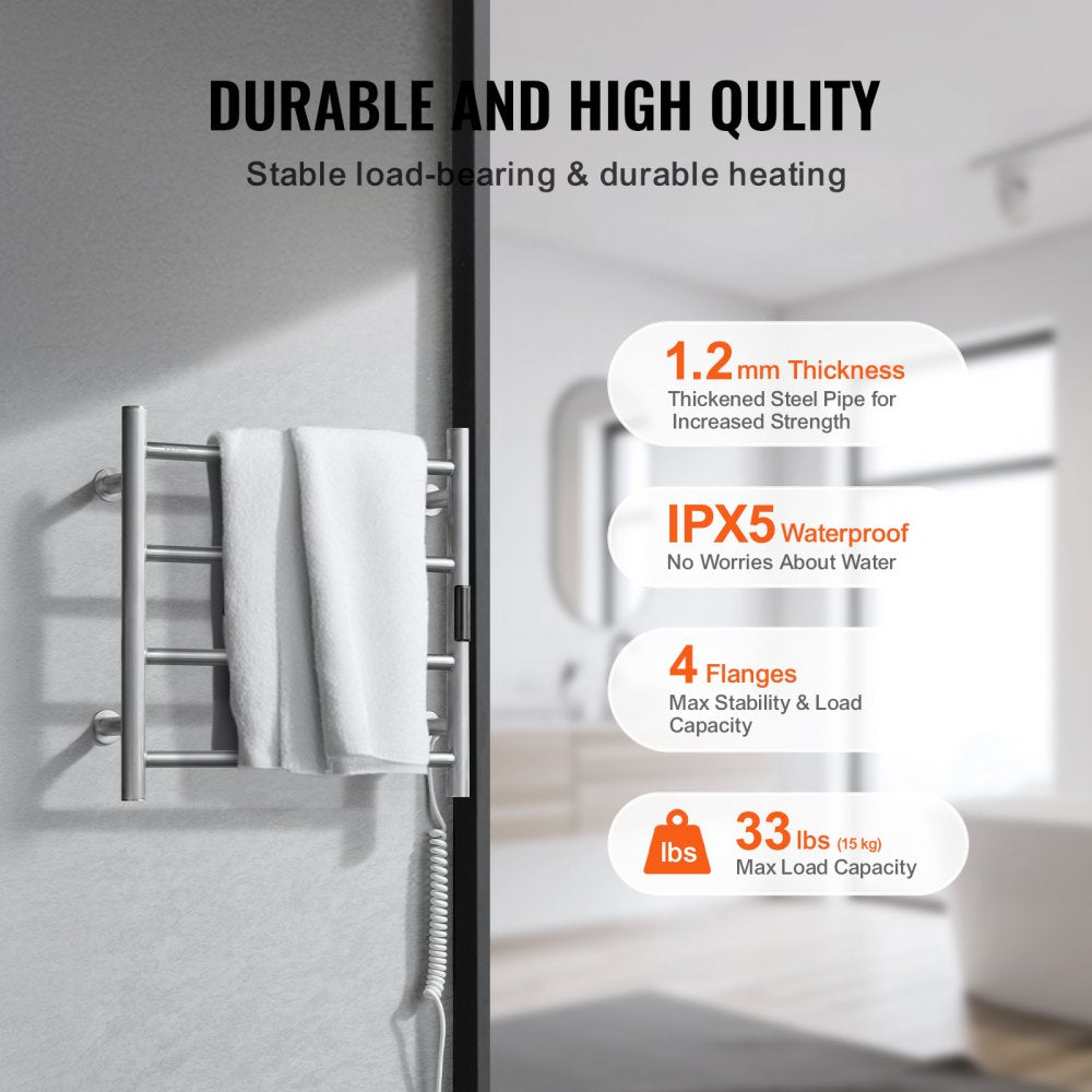 VEVOR 4 Bars Towel Warmer Rack, Wall Mounted Heated Towel Rack for Bathroom, IPX5 Waterpoof Towel Heater Rack with Timer & LED Display Screen, 5 Levels Adjustable Temperature Towel Heater, Silver