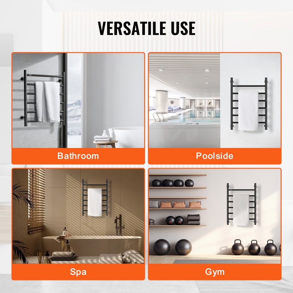 VEVOR 6 Bars Towel Warmer Rack, 120V Wall Mounted Heated Towel Rack for Bathroom, IPX5 Waterpoof Towel Heater Rack with Timer & LED Display Screen, 5 Levels Adjustable Temperature Towel Heater, Black