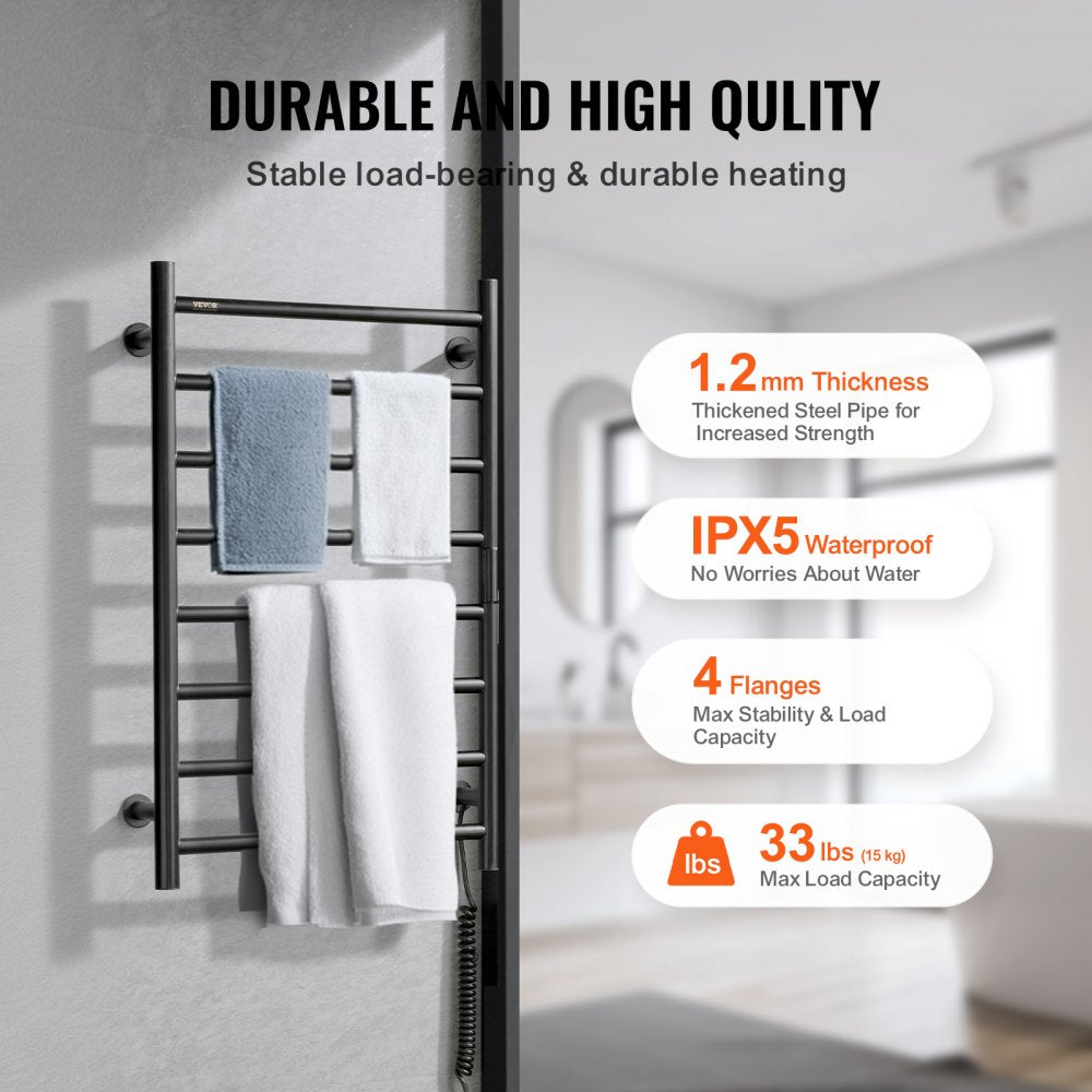 VEVOR 8 Bars Towel Warmer Rack, 120V Wall Mounted Heated Towel Rack for Bathroom, IPX5 Waterpoof Towel Heater Rack with Timer & LED Display Screen, 5 Levels Adjustable Temperature Towel Heater, Black