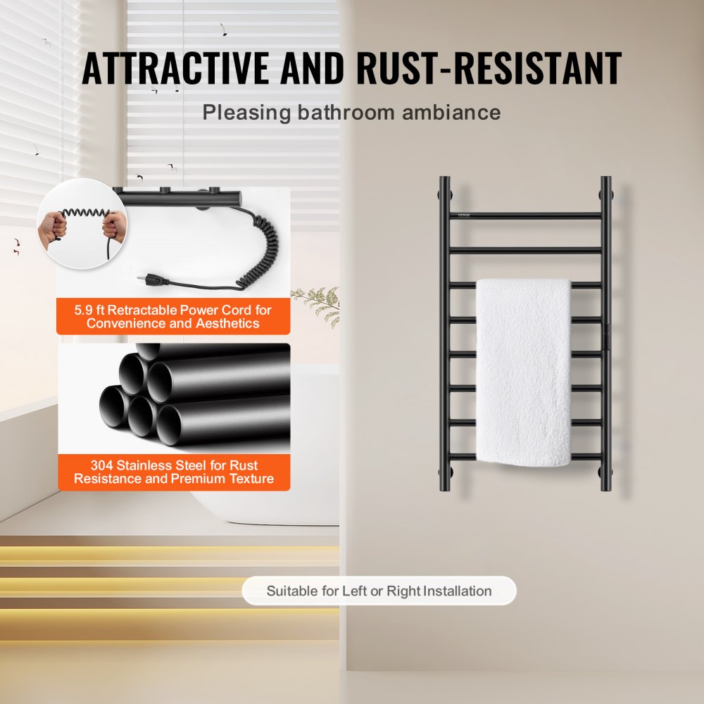 VEVOR 8 Bars Towel Warmer Rack, 120V Wall Mounted Heated Towel Rack for Bathroom, IPX5 Waterpoof Towel Heater Rack with Timer & LED Display Screen, 5 Levels Adjustable Temperature Towel Heater, Black