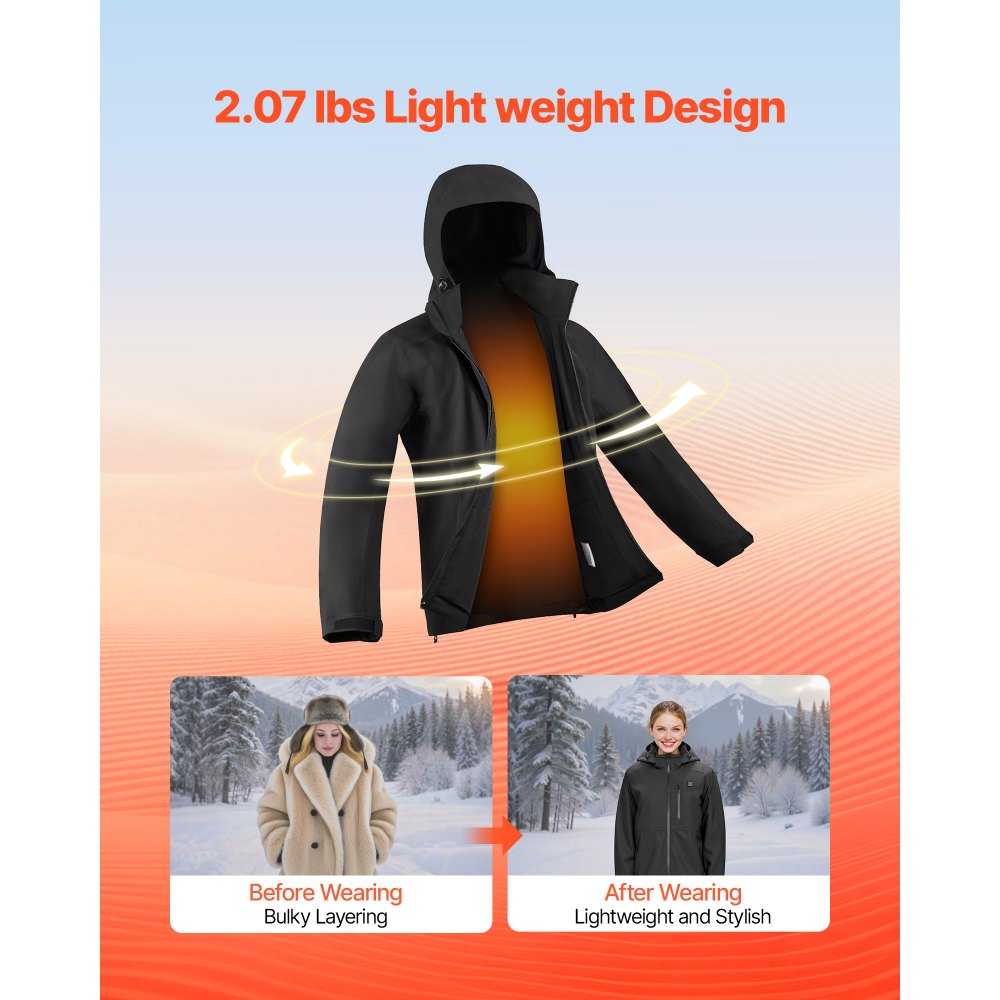VEVOR Heated Jacket for Women with 7.4V Battery, Soft Shell Electric Heating Coat, Windproof Waterproof Lightweight Outerwear with 5 Heating Zones & 3 Heat Settings, Machine Washable, L Size