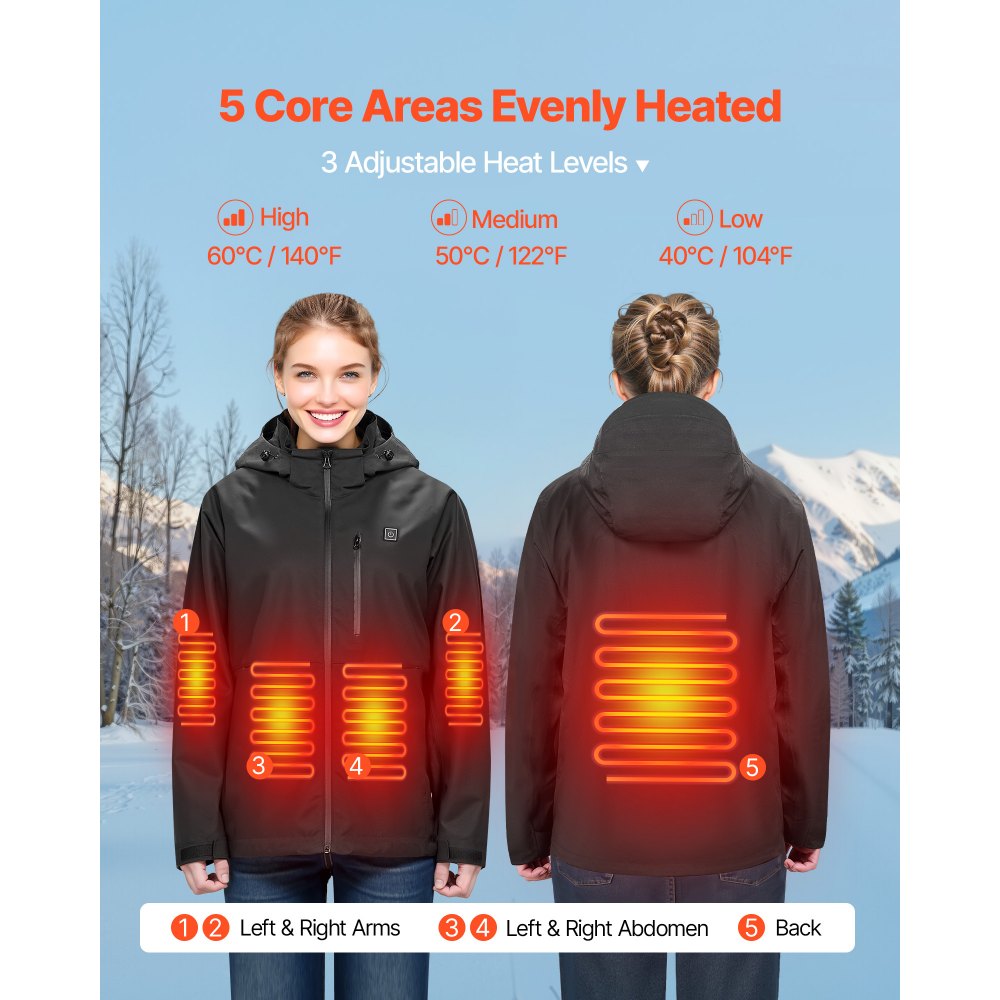 VEVOR Heated Jacket for Men with 7.4V Battery, Soft Shell Electric Heating Coat, Windproof Waterproof Lightweight Outerwear with 5 Heating Zones & 3 Heat Settings, Machine Washable,XL Size