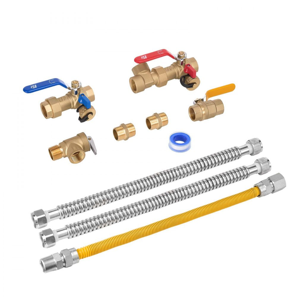 VEVOR Water Heater Kit, 3/4 Inch Cold & Hot Water Plumbing Repair Kit with 600 WOG Isolation Valves, Pressure Relief Valve, Dual-Layer Gas Hose, Compatible with Most Tankless Waters Heater Brands