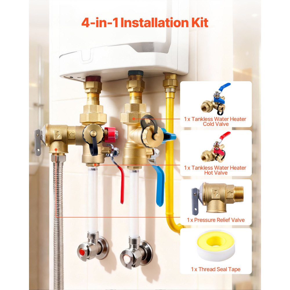 VEVOR Water Heater Kit, 3/4 Inch Tankless Water Heater Service Valve Kit with 2PCS 3/4″ NPT to 3/4″ PEX-B Isolation Valves, Pressure Relief Valve, Lead-Free Brass, Fits Most Tankless Waters Heaters