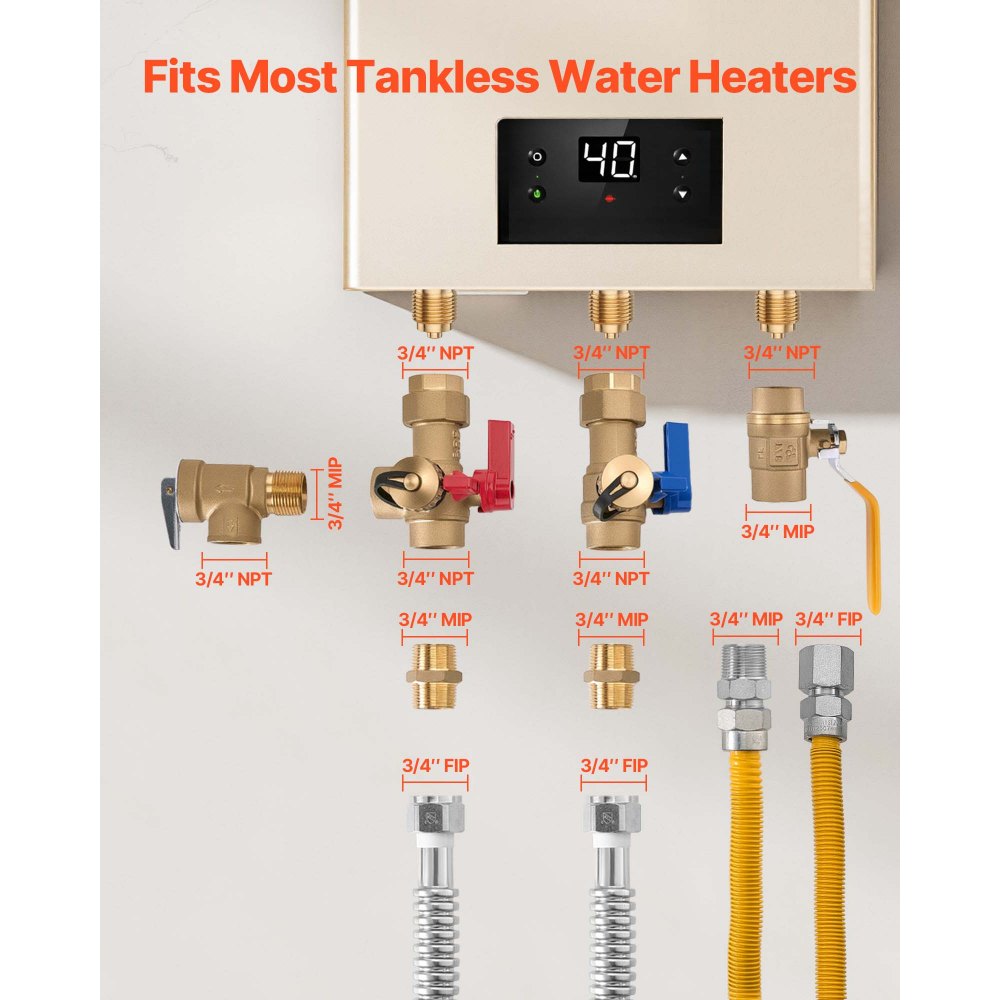 VEVOR Water Heater Kit, 3/4 Inch Cold & Hot Water Plumbing Repair Kit with 600 WOG Isolation Valves, Pressure Relief Valve, Ball Valve, Gas Hose, Compatible with Most Tankless Waters Heater Brands