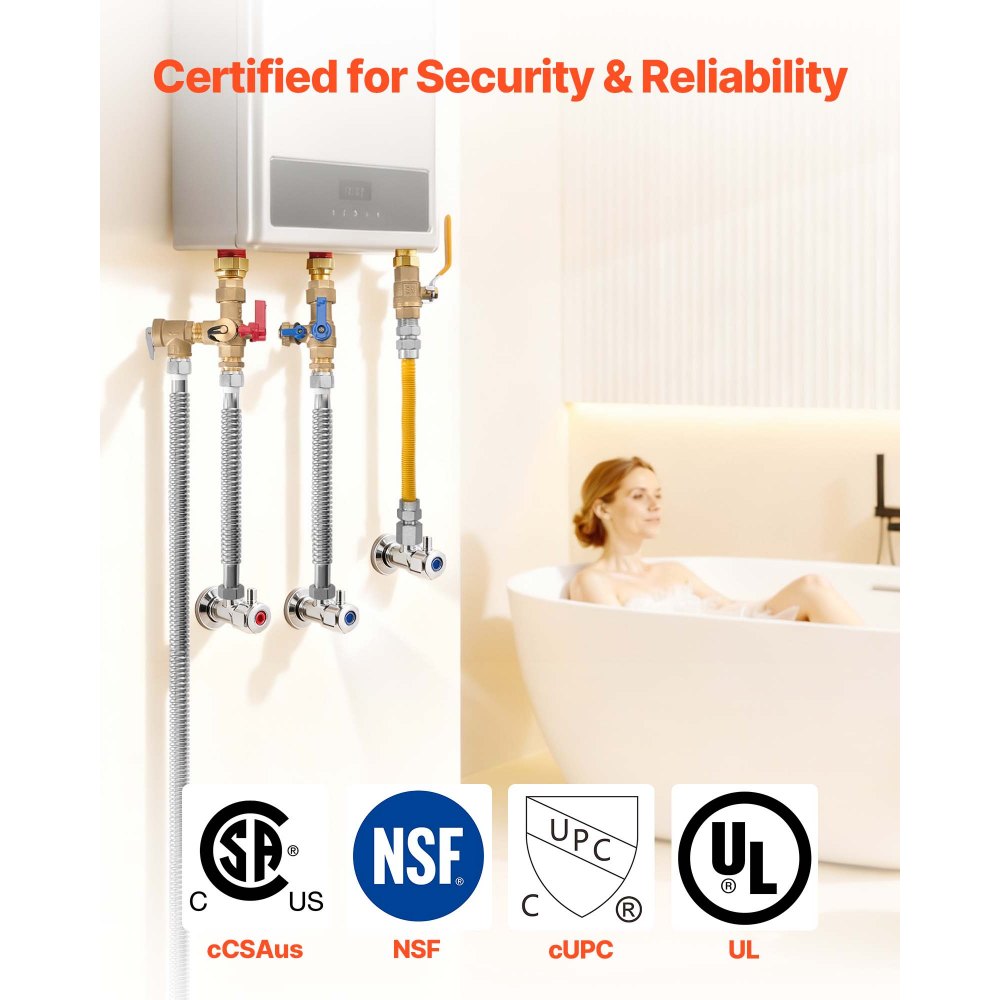VEVOR Water Heater Kit, 3/4 Inch Cold & Hot Water Plumbing Repair Kit with 600 WOG Isolation Valves, Pressure Relief Valve, Ball Valve, Gas Hose, Compatible with Most Tankless Waters Heater Brands