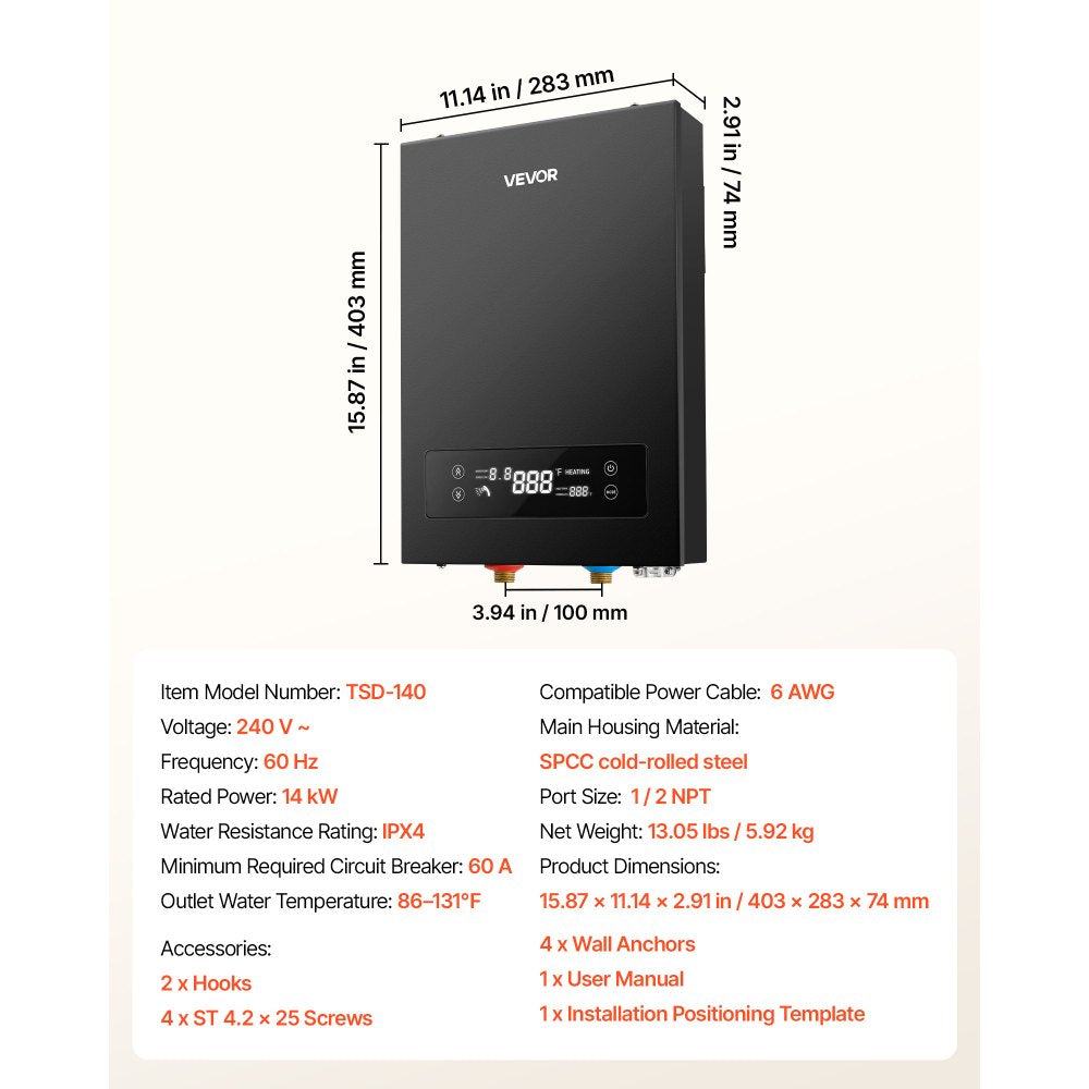 VEVOR Tankless Electric Water Heater, 14 kW 240 V Instant Hot Water Heater, for Household Washing, Bathing, Kitchen, LED Touch Control, Cast Aluminum Heating Element, 86-131°F Adjustable Temperature