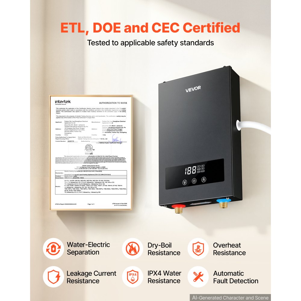 VEVOR Tankless Electric Water Heater, 8 kW 240 V Instant Hot Water Heater, for Single-Person Showers, Handwashing, LED Touch Control, Cast Aluminum Heating Element, 86-131°F Adjustable Temperature