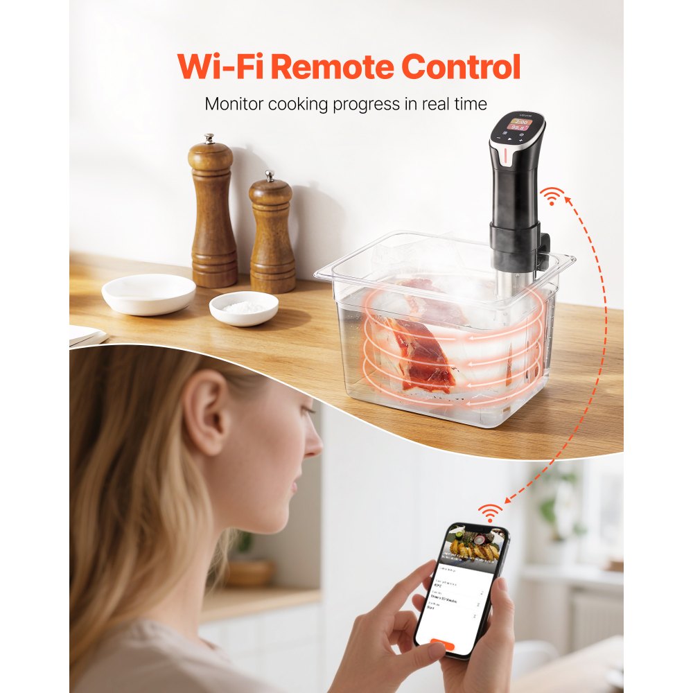 VEVOR Sous Vide Precision Cooker, 1100W Sous-Vide Cooking Machine, WIFI Immersion Circulator with 10 Preset Recipes, LCD Touchscreen, Fast-Heating, Accurate Temperature & Timer, App Control