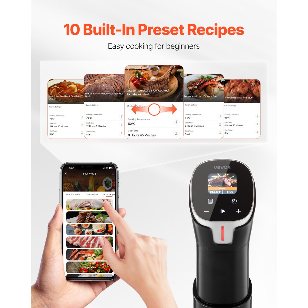 VEVOR Sous Vide Precision Cooker, 1100W Sous-Vide Cooking Machine, WIFI Immersion Circulator with 10 Preset Recipes, LCD Touchscreen, Fast-Heating, Accurate Temperature & Timer, App Control