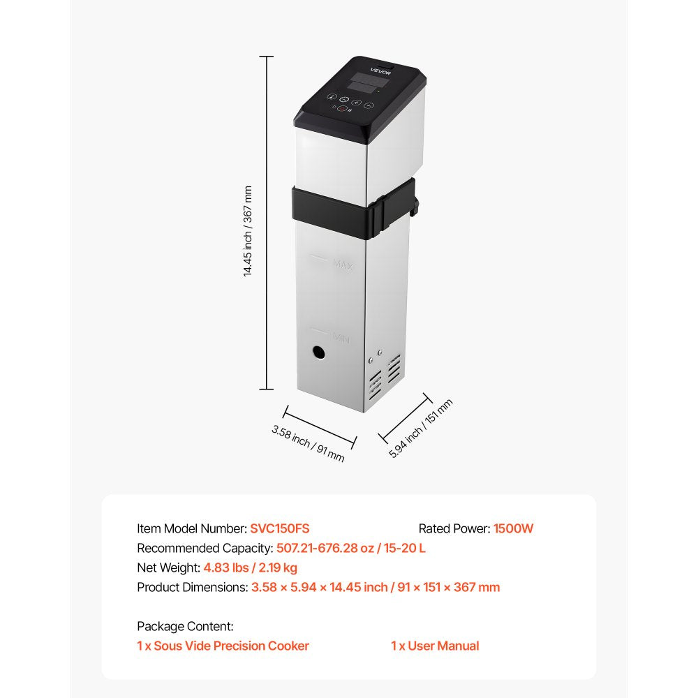 VEVOR Sous Vide Precision Cooker, 1500W Sous-Vide Cooking Machine, Immersion Circulator with LED Digital Display, Adjustable Screw Clamp, Fast-Heating, Accurate Temperature & Timer Control, Sous-Vide