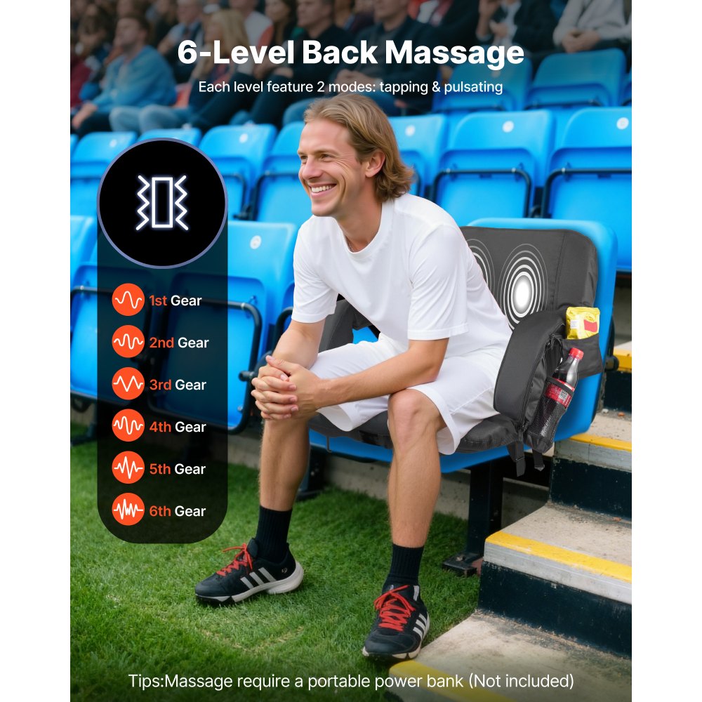VEVOR Stadium Seat, 25 inch Heated Stadium Chair, Bleacher Seat Heated with 4 Pockets for Bleachers, 3 Level Heating & 6 Modes Vibration Portable Heating Stadiums Chair for Camping, Sports Events