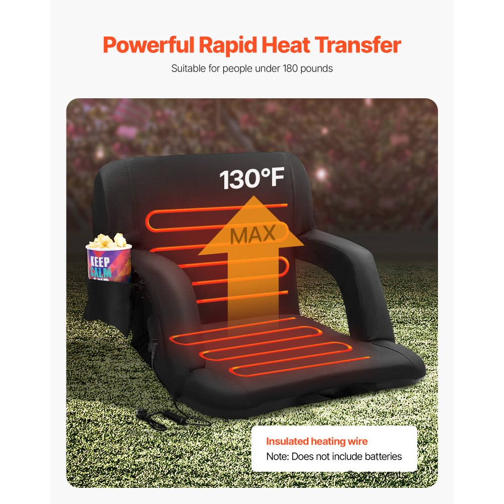 VEVOR Double Heated Stadium Seat with Back Support, 3 Level Heating Wide Bleacher Seat, Folding Portable Padded Reclining Chair with Hook Pocket Cupholder, Ideal for Sport Event Beach Concert (2 Set)