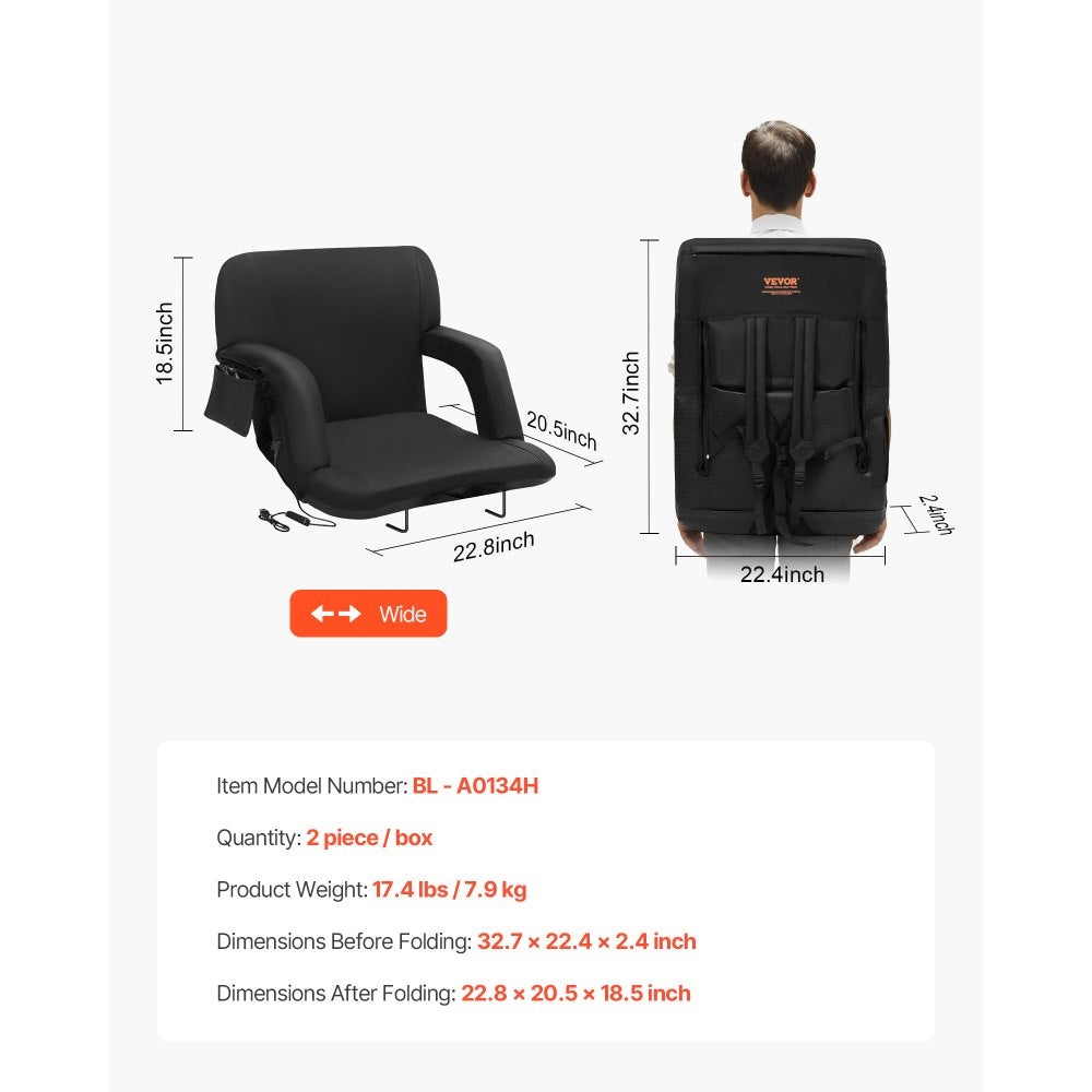 VEVOR Double Heated Stadium Seat with Back Support, 3 Level Heating Wide Bleacher Seat, Folding Portable Padded Reclining Chair with Hook Pocket Cupholder, Ideal for Sport Event Beach Concert (2 Set)