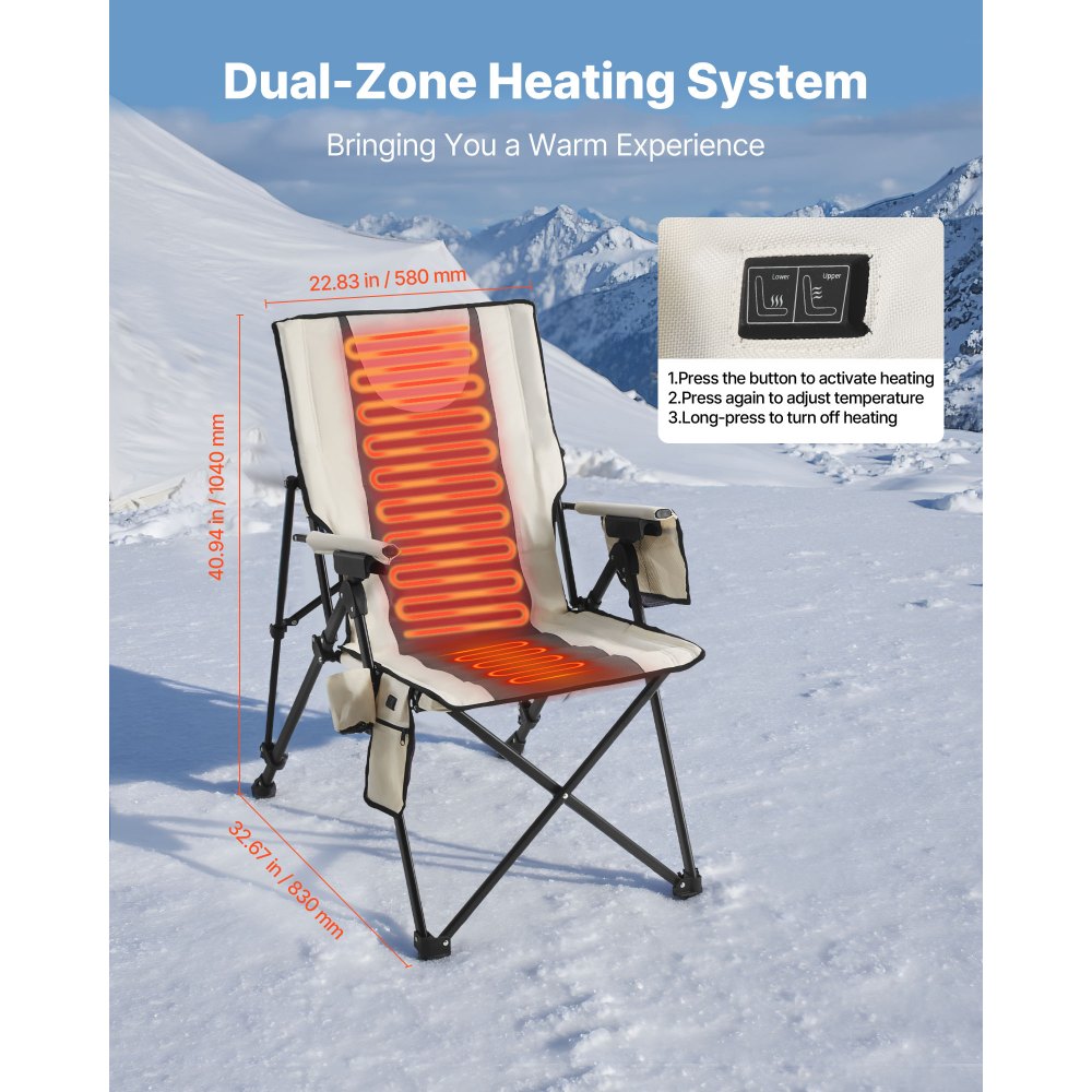 VEVOR Heated Camping Chair, 3 Heat Settings, High Back Folding Camping Chair, Supports 260lbs, Full Padded Beach Chairs with Armrest & Cupholder, Portable Lawn Chairs for Outdoor Sports Travel