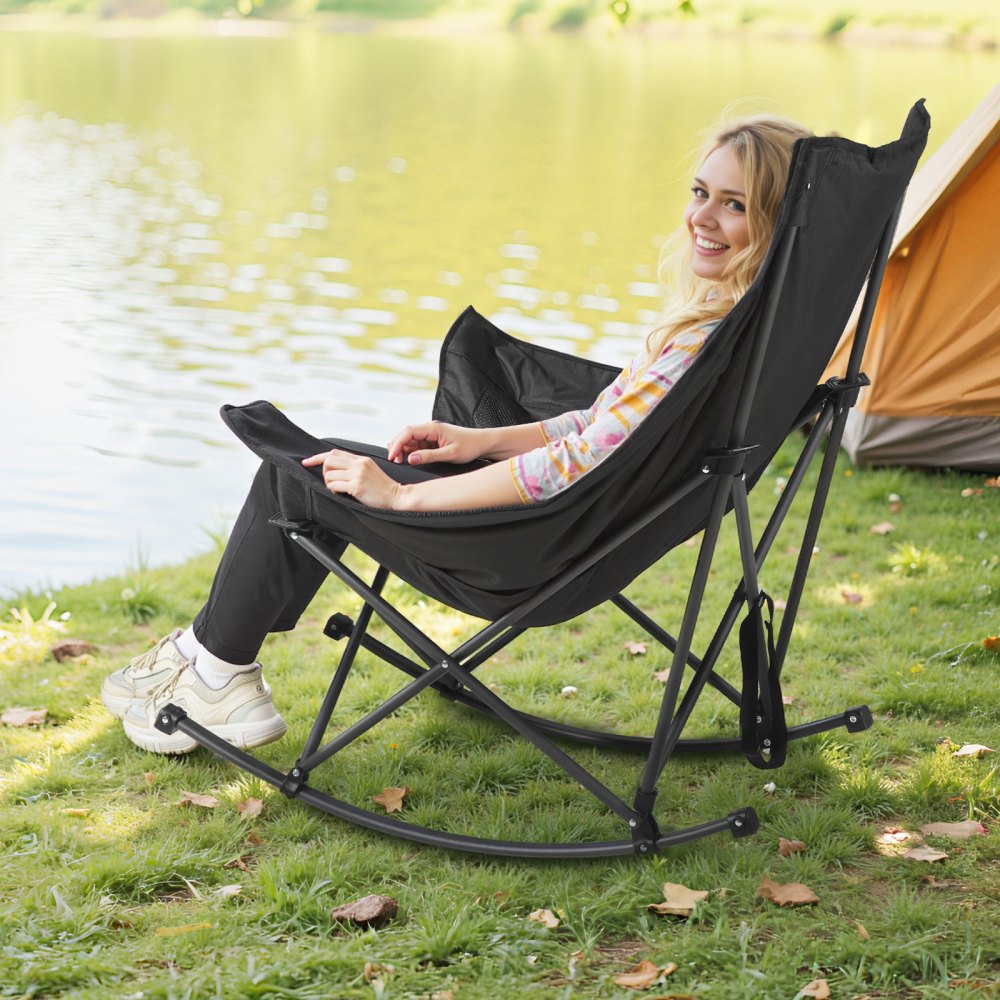 VEVOR Heated Camping Chair, 3 Heating Settings, Large-Sized Padded Folding Rocker, Heavy Duty Outdoor Lawn Chairs with Pocket & Cupholder, Support 225lbs, Portable Heated Chair for Sports Winter Use