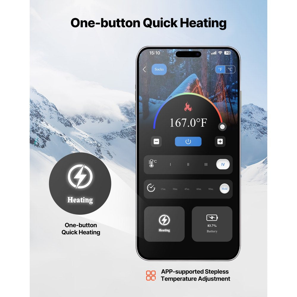 VEVOR Heated Socks, X-Large Size, 5000mAh Battery Rechargeable Heating Socks with 4 Heating Levels, Electric Heated Sock with APP Control for Men Women, Foot Warmer for Hunting Riding Camping Hiking