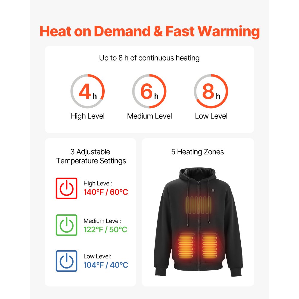 VEVOR Heated Jacket Hoodie for Men Women, Heated Sweatshirt Unisex Full-Zip with 7.4V 16000mAh Power Bank Pack, 5 Heating Zones, 3 Temp Levels, 4-8H Warmth, for Winter Outdoor Camping, Black, L Size