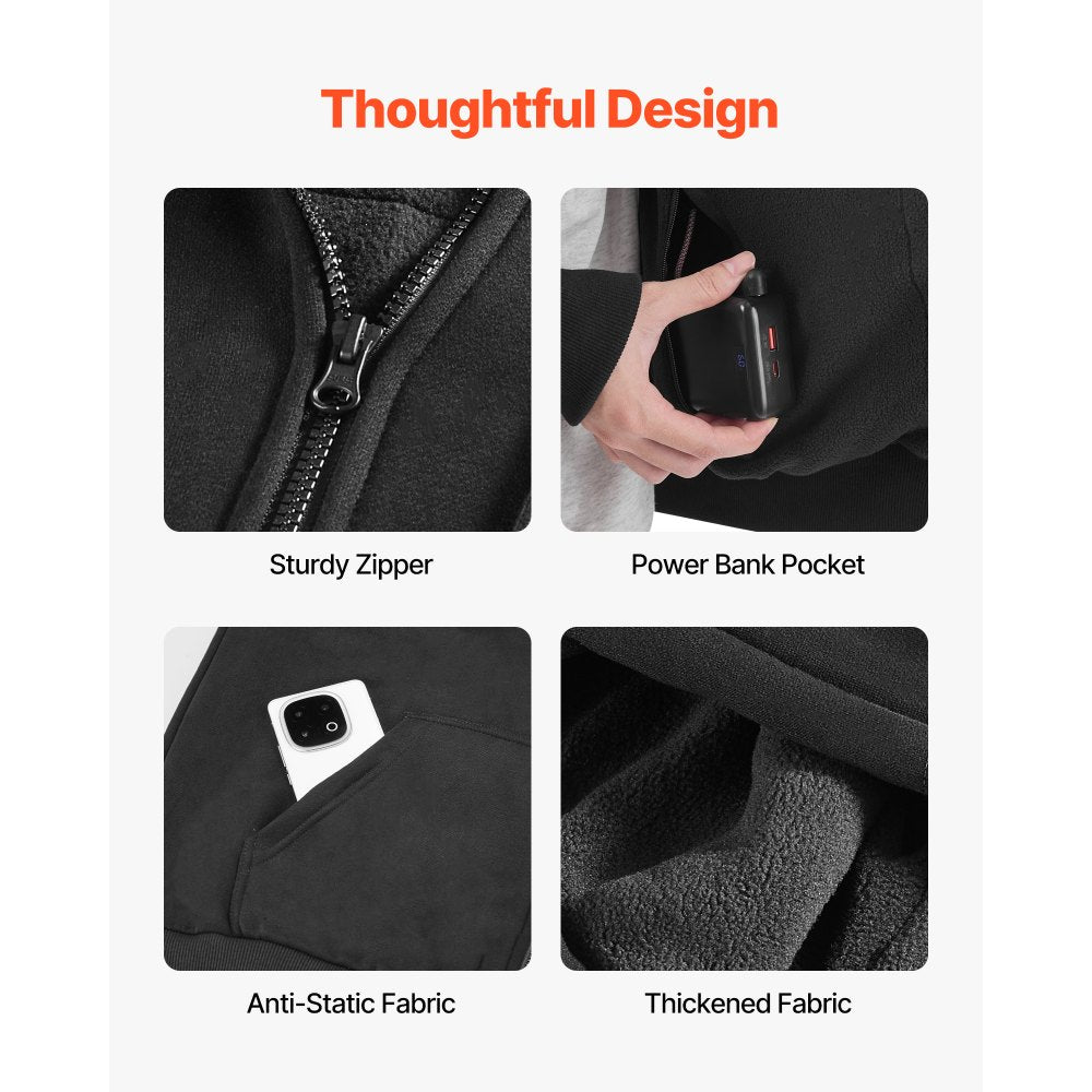 VEVOR Heated Jacket Hoodie for Men Women, Heated Sweatshirt Unisex Full-Zip with 7.4V 16000mAh Power Bank Pack, 5 Heating Zones, 3 Temp Levels, 4-8H Warmth, for Winter Outdoor Camping, Black, L Size